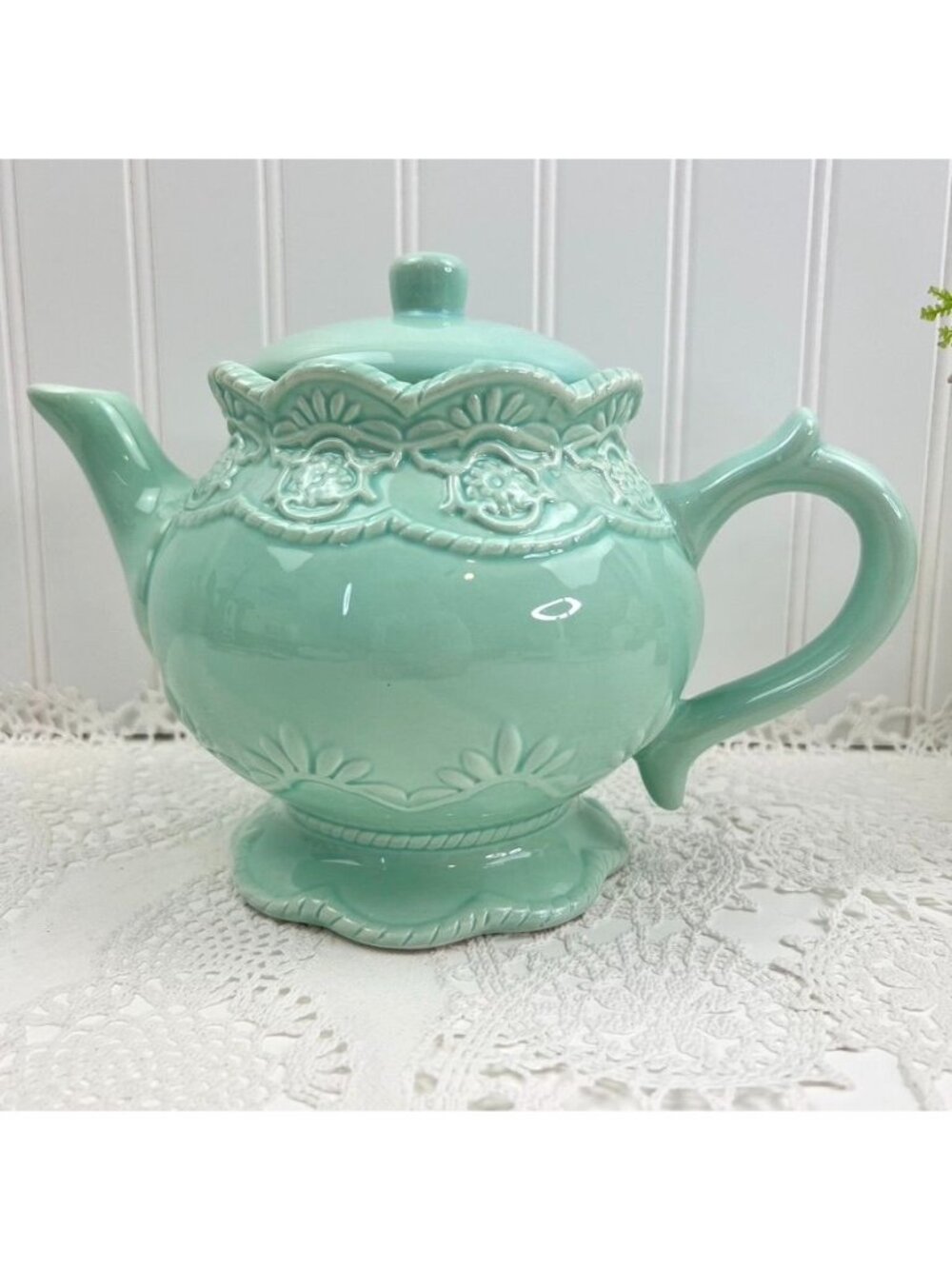 A Special Place Embossed Teapot & Lid Turquoise Ceramic Floral Cottage Core
